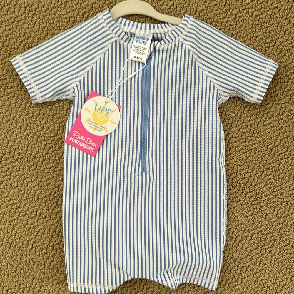 Rugged Butts crinkle blue seersucker short sleeve one piece Rash guard 6-12m NWT